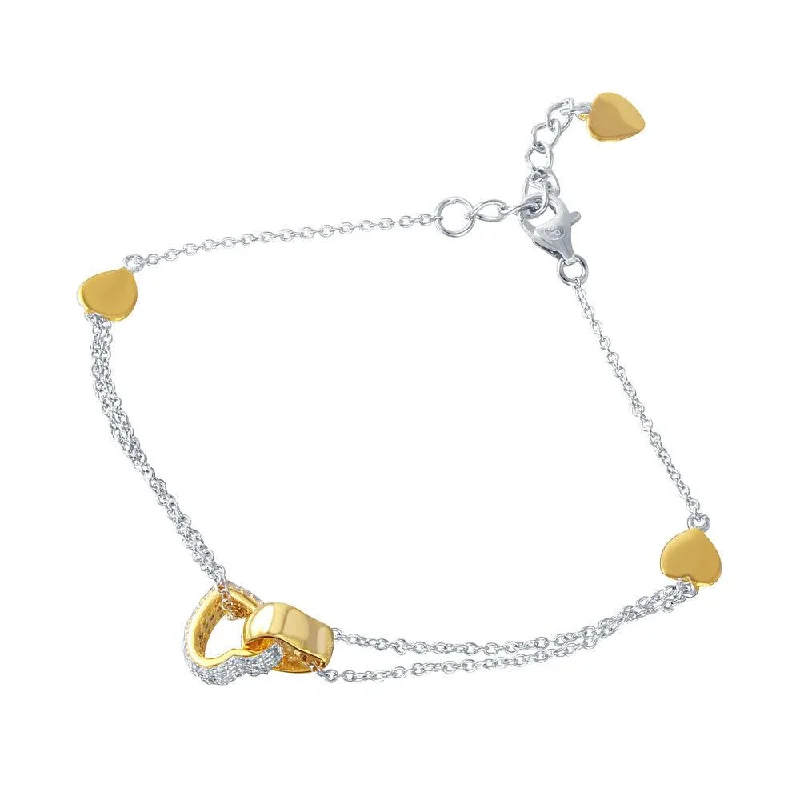 Silver 925 Rhodium Plated CZ Gold Hearts Charm Bracelet - STB00519