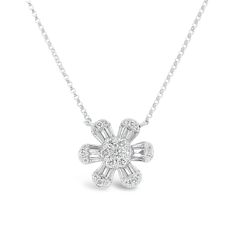 Round & Baguette Diamond Flower Pendant Necklace