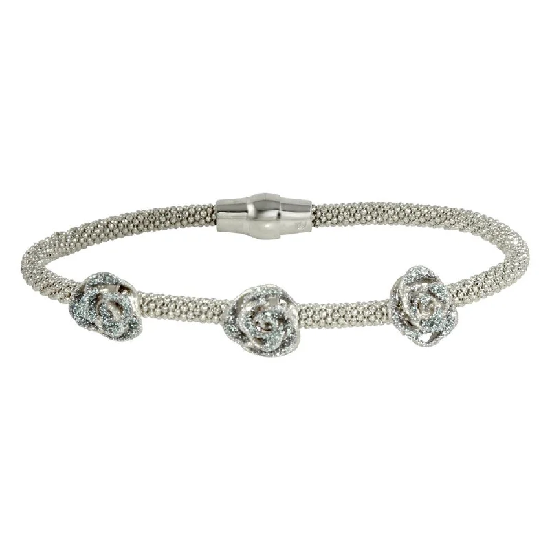 Clearance-Rhodium Plated 925 Sterling Silver Magnetic Bracelet with 3 Roses - ECB00076RH