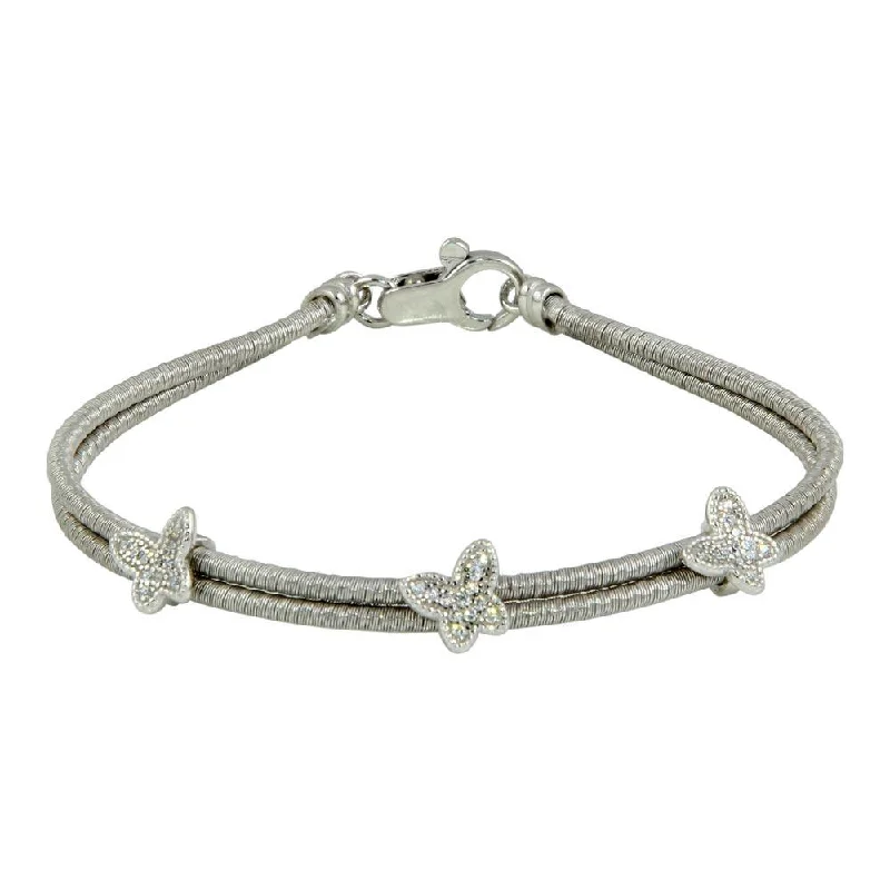 Clearance-Rhodium Plated 925 Sterling Silver Double Strand Butterfly Bracelet - ECB00056RH