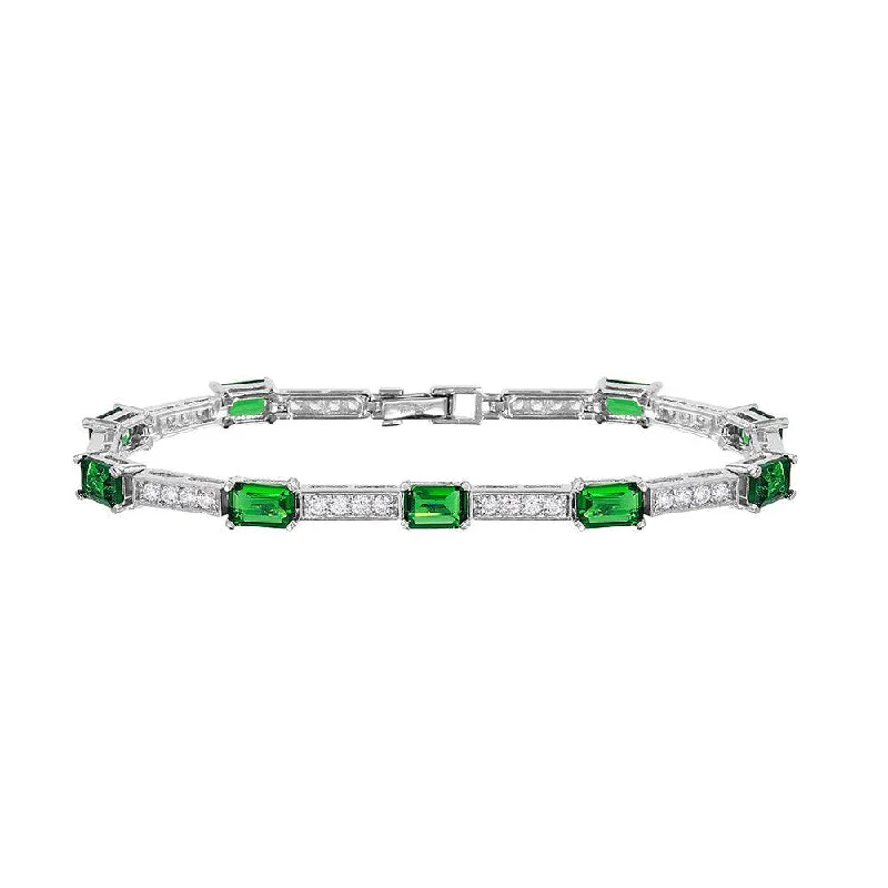 Rhodium Plated 925 Sterling Silver Multi Square Clear and Green CZ Tennis Bracelet - GMB00032RH-GREEN