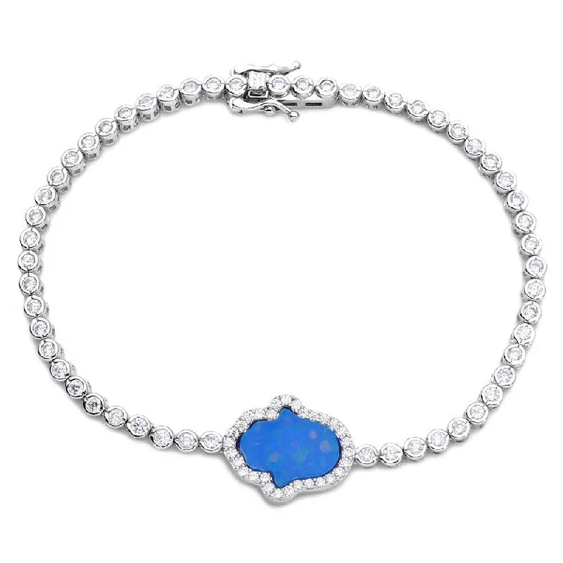 Rhodium Plated 925 Sterling Silver Round CZ Tennis Bracelet with Blue Enamel Hamsa - GMB00045RH