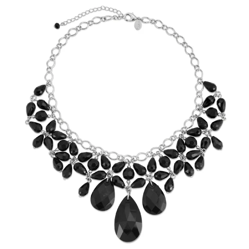 2028 Jewelry Jet Black Briolette Teardrop & Round Beaded Statement Bib Necklace 16" + 3" Extender