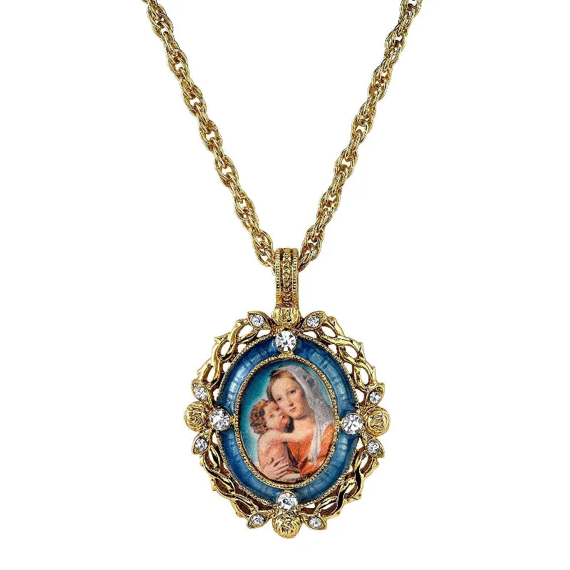 Symbols Of Faith Crystal Blue Enamel Mary And Child Pendant Necklace 24"