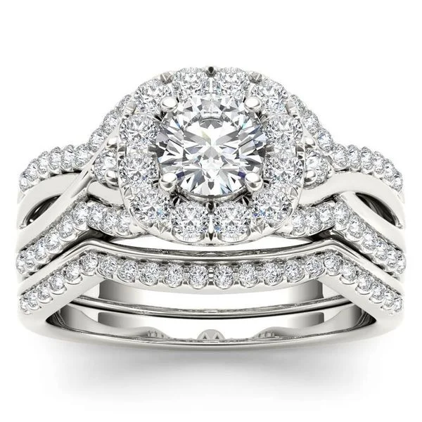 De Couer 14k White Gold 1 1/4ct TDW Diamond Halo Engagement Ring Set with One Band