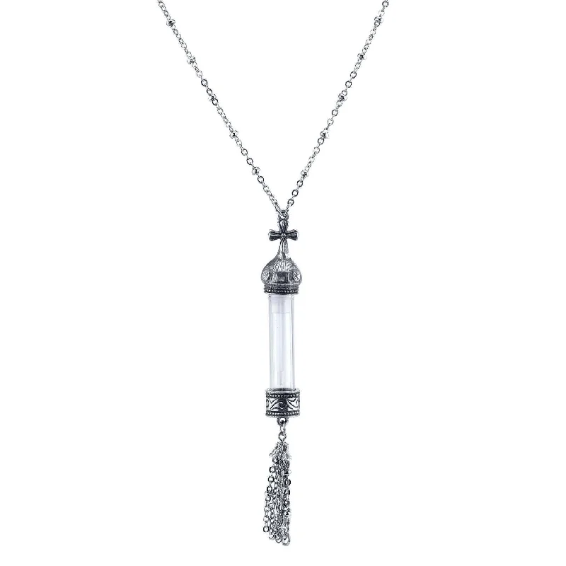 1928 Jewelry Antiqued Cross Cap Clear Crystal Glass Vial Tassel Necklace 30"