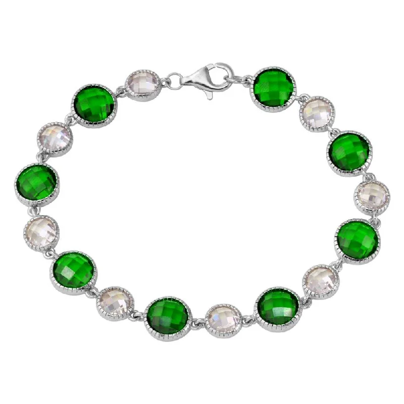 Rhodium Plated 925 Sterling Silver 9mm Alternating Round Green and Clear CZ Tennis Bracelet - BGB00302GRN