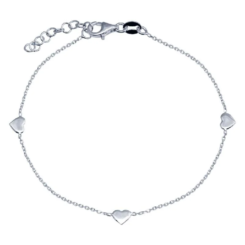 Rhodium Plated 925 Sterling Silver Single Strand Bracelet with 3 Hearts Element - VGB23RH