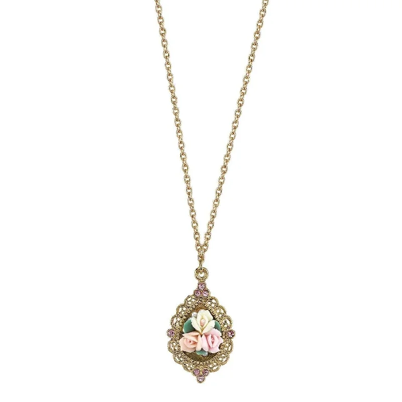 1928 Bridal Pink Crystal And Ivory And Pink Porcelain Rose Pendant Necklace 16" + 3" Extender