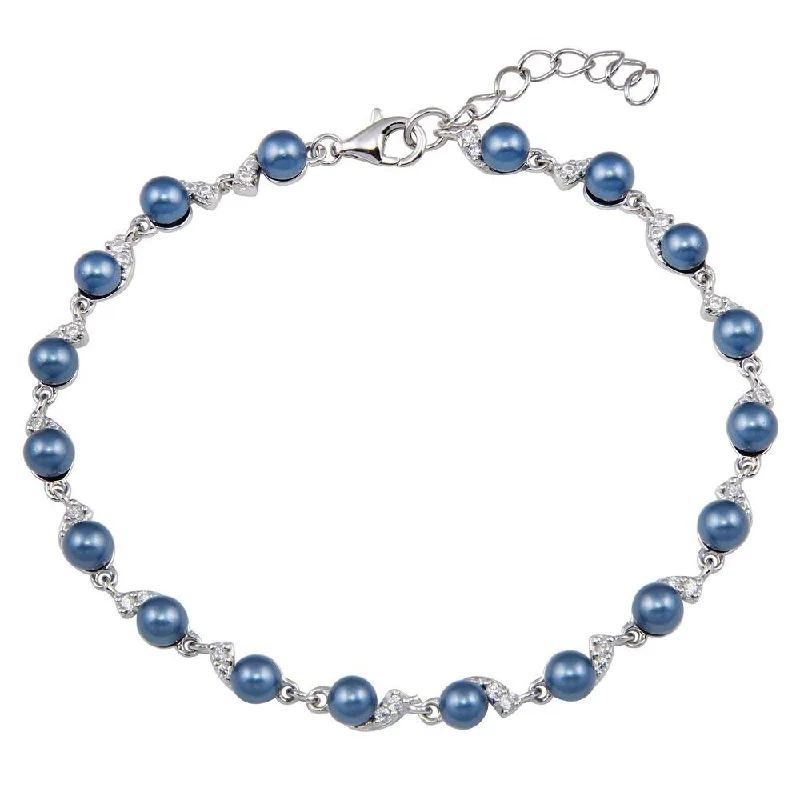 Rhodium Plated 925 Sterling Silver Grey Pearl CZ Link Bracelet - BGB00380