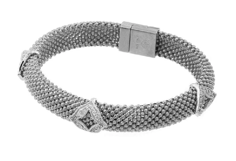 Clearance-Silver 925 Rhodium Plated Micro Pave Diagonal Square Clear CZ Beaded Italian Bracelet - PSB00004