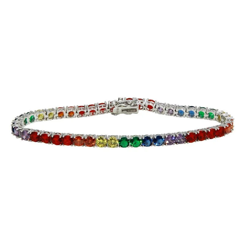 Rhodium Plated 925 Sterling Silver Round Rainbow CZ Tennis Bracelet - STB00565RB