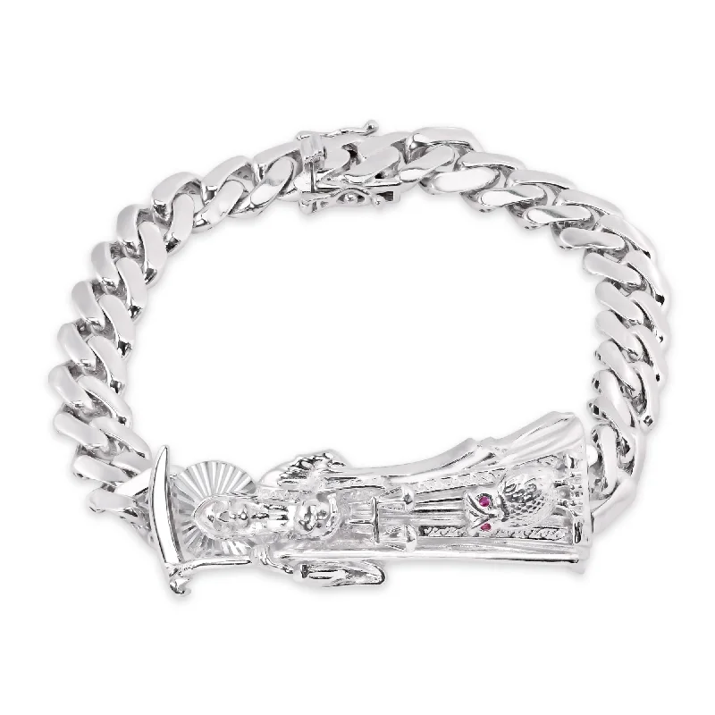 Rhodium Plated 925 Sterling Silver Santa Muerte Angel of Death 14mm Cuban Bracelet - GMB00127