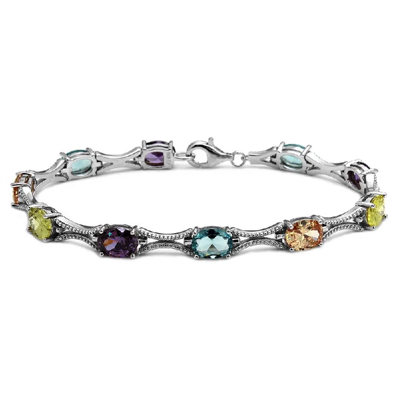 Rhodium Plated 925 Sterling Silver Multiple Color Oval CZ Tennis Bracelet - BGB00290MUL