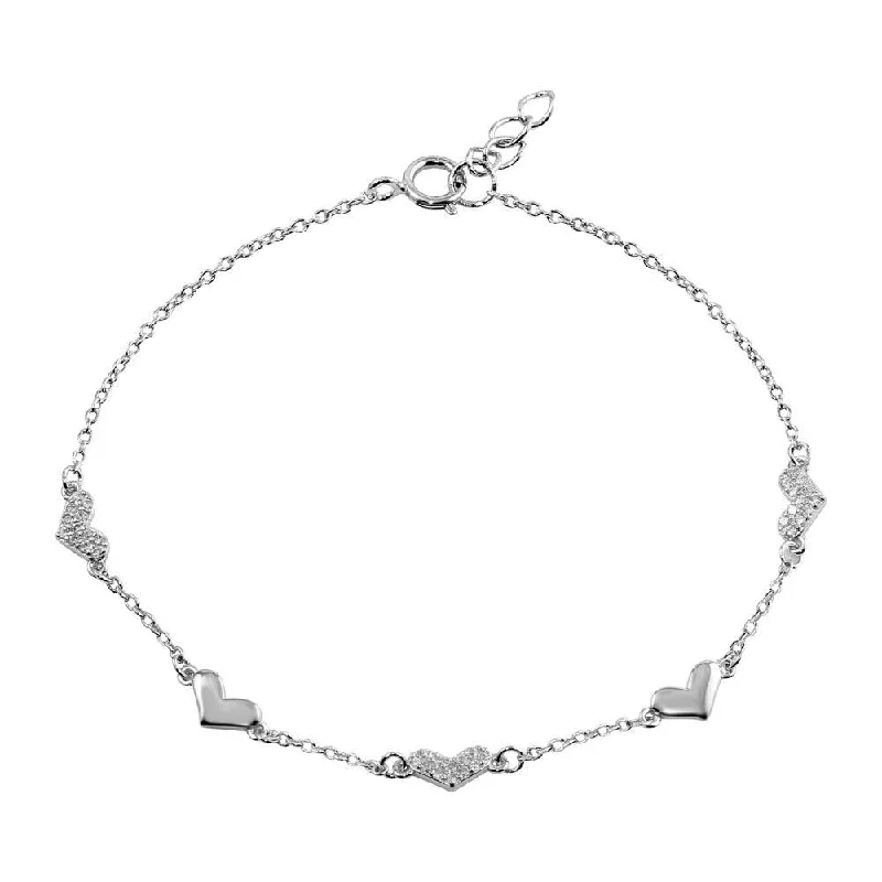 Rhodium Plated 925 Sterling Silver CZ Hearts Chain Bracelet - BGB00317