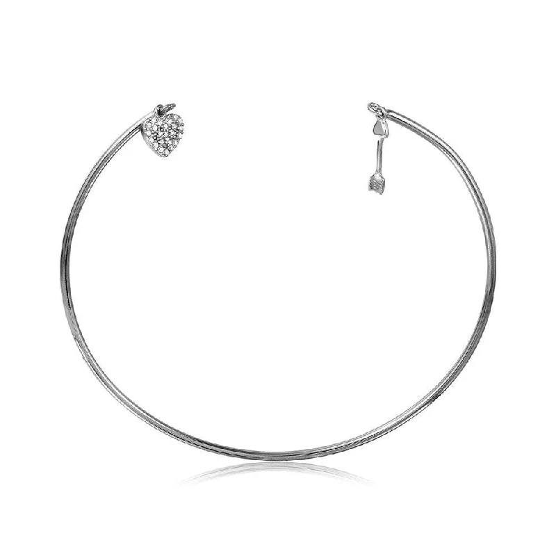 Silver 925 Rhodium Plated Open Bangle with Hanging CZ Heart and Arrow - STB00524