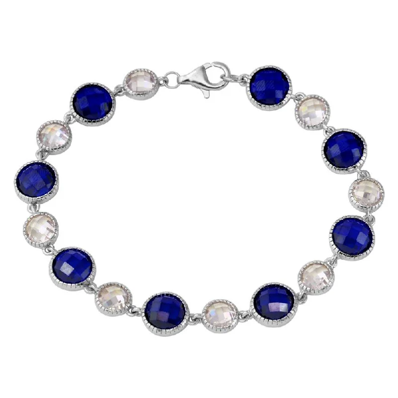 Rhodium Plated 925 Sterling Silver 9mm Alternating Round Blue and Clear CZ Tennis Bracelet - BGB00302BLU