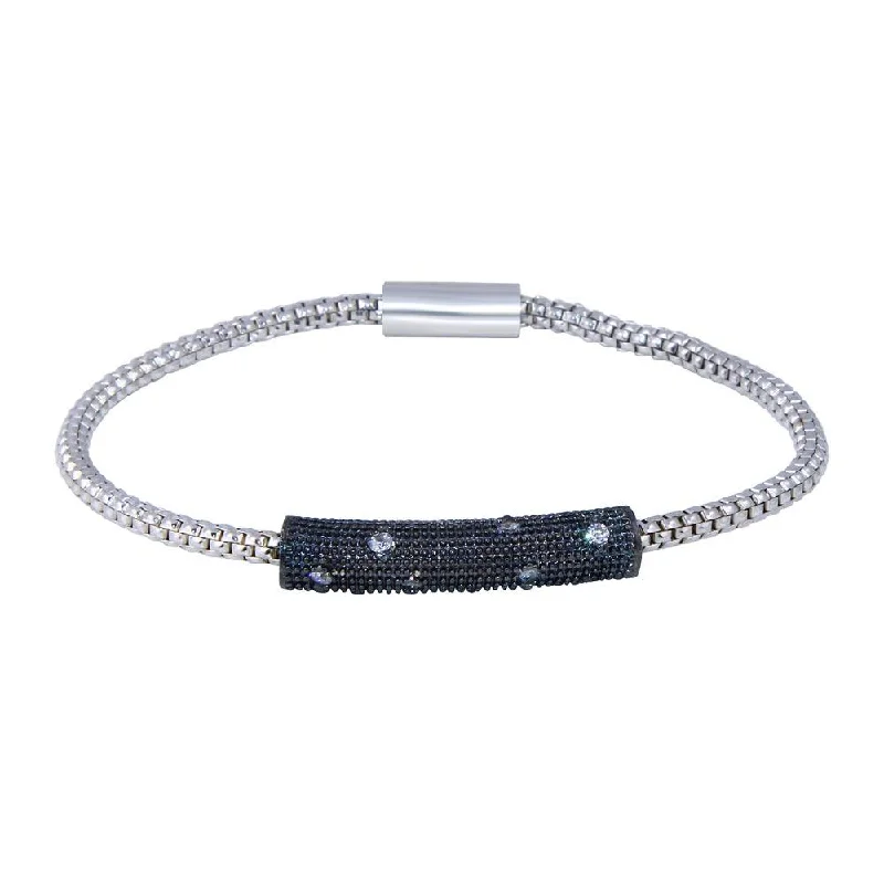 Clearance-Rhodium Plated 925 Sterling Silver Bar CZ Magnetic Bracelet - SPB00005