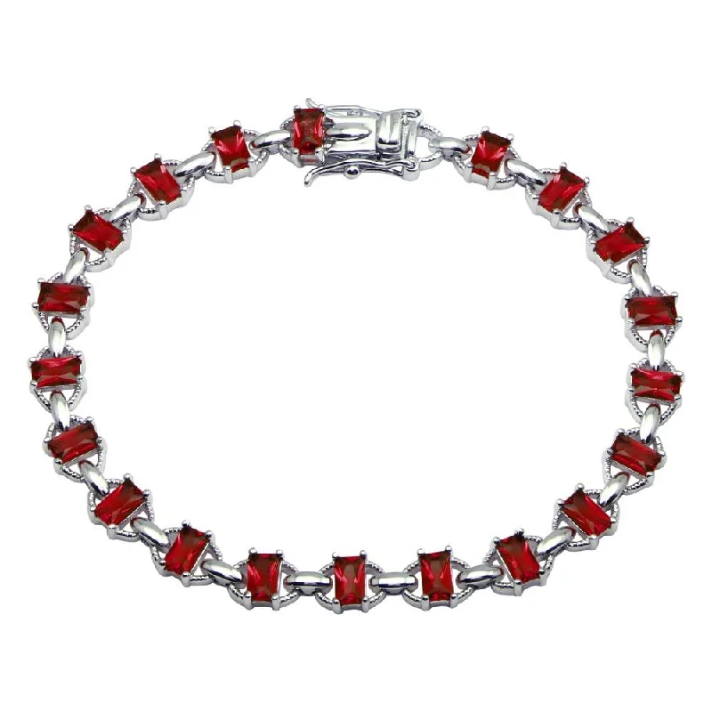 Rhodium Plated 925 Sterling Silver 6.1mm Link Green CZ Tennis Bracelet - BGB00319RED