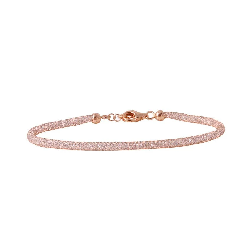 Clearance-Silver 925 Rose Gold Plated Mesh Embedded CZ Slim Italian Bracelet - ECB00046R