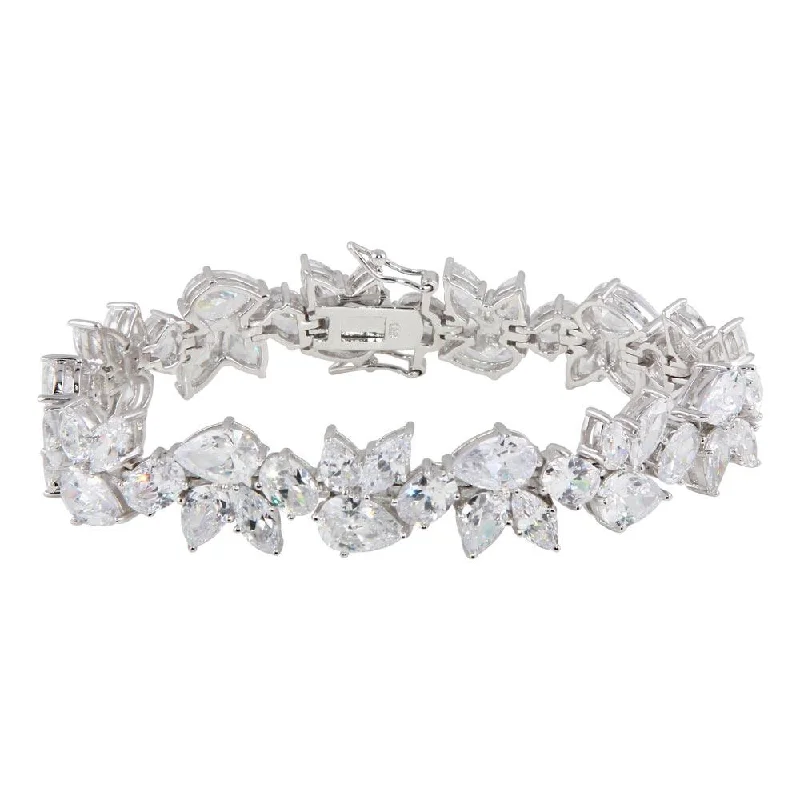 Silver 925 Rhodium Plated Flower Clear CZ Bracelet - STB00148