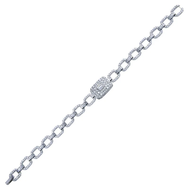 Rhodium Plated 925 Sterling Silver Square Link CZ and Baguette Bracelet - GMB00103