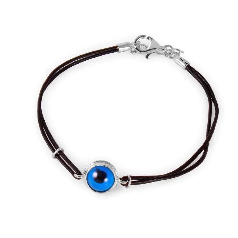 Silver 925 Round Evil Eye Leather Strap Bracelet - BGB00144