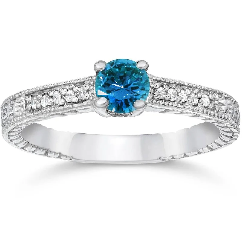 1/2ct Blue & White Diamond Vintage Engagement Ring White Gold