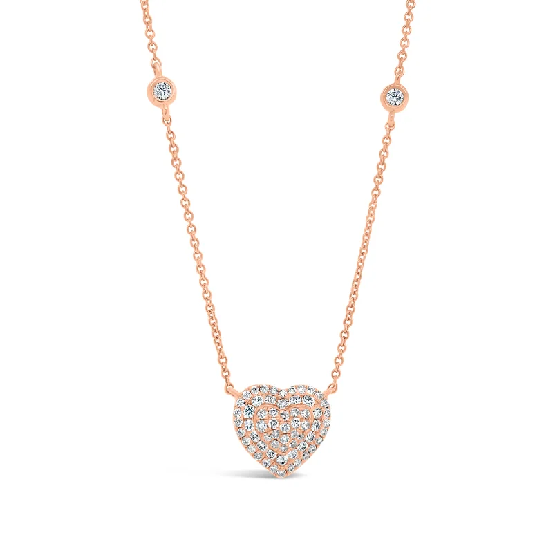 Pave Diamond Heart Necklace with Bezel-Set Diamond Stations