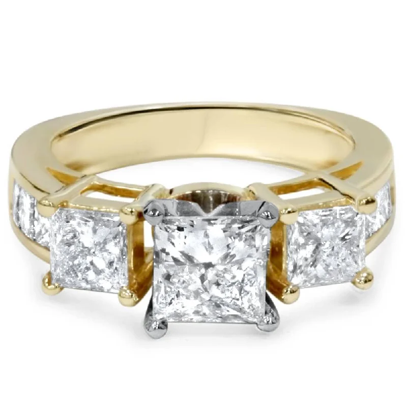 2ct Princess Cut Diamond 3 stone Engagement Ring Yellow Gold