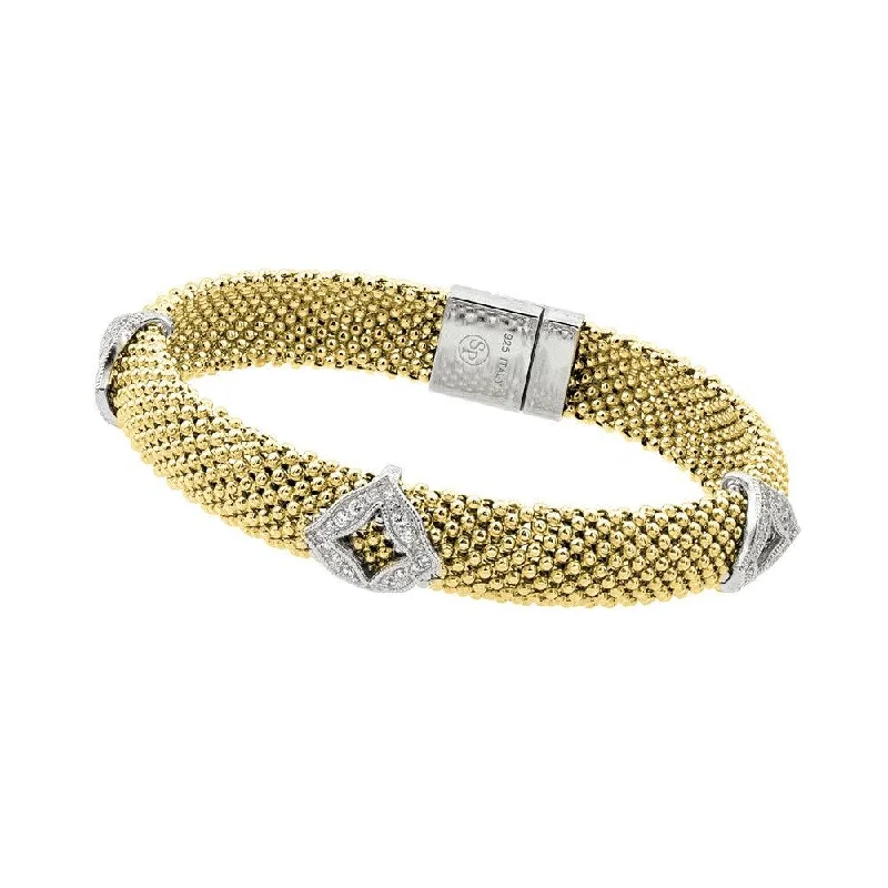 Clearance-Silver 925 Gold Plated Micro Pave Diagonal Square Clear CZ Beaded Italian Bracelet - PSB00004GP