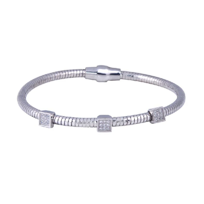 Clearance-Rhodium Plated 925 Sterling Silver Square CZ Magnetic Lock Bracelet - ECB00066RH