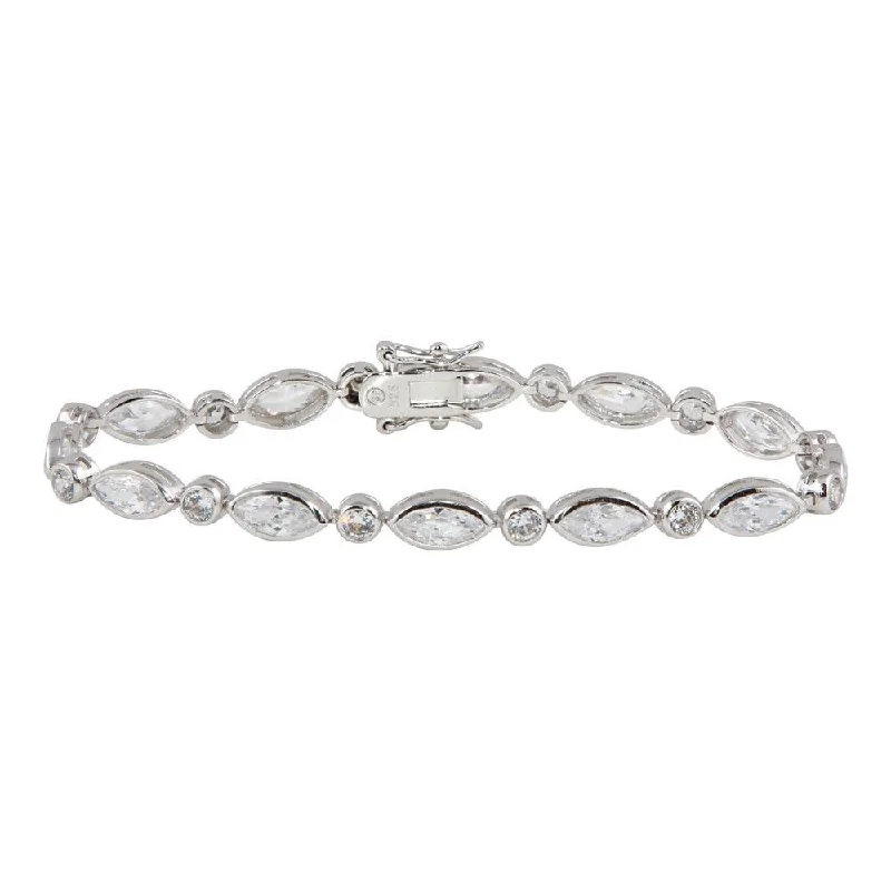 Silver 925 Rhodium Plated Clear Round and Marquise CZ Tennis Bracelet - STB00241