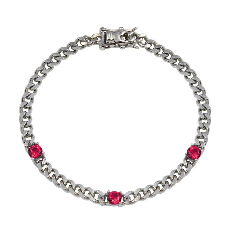 925 Sterling Silver Red CZ Curb Link Bracelet - BGB00357RED