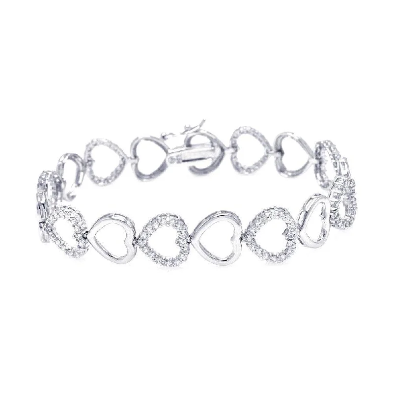 Silver 925 Rhodium Plated Open Heart Clear CZ Bracelet - STB00378