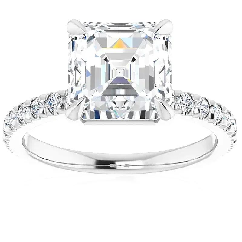 5 1/3Ct Asscher Cut & Diamond Engagement Ring in White, Yellow, or Rose Gold