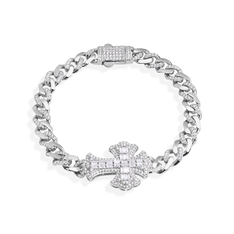 Rhodium Plated 925 Sterling Silver 6.7mm Fleur De Lis Cross Baguette and Round Clear CZ Studded Bracelet - GMB00133