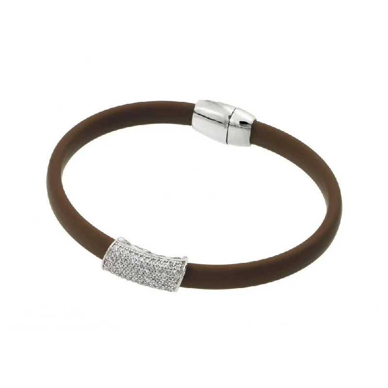 Clearance-Silver 925 Rhodium Plated Clear Micro Pave CZ Brown Rubber Bracelet - ECB013RH