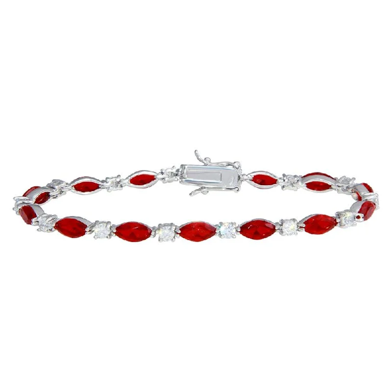 Rhodium Plated 925 Sterling Silver Alternating Red Oval CZ and Clear Round CZ Tennis Bracelet - BGB00326RED