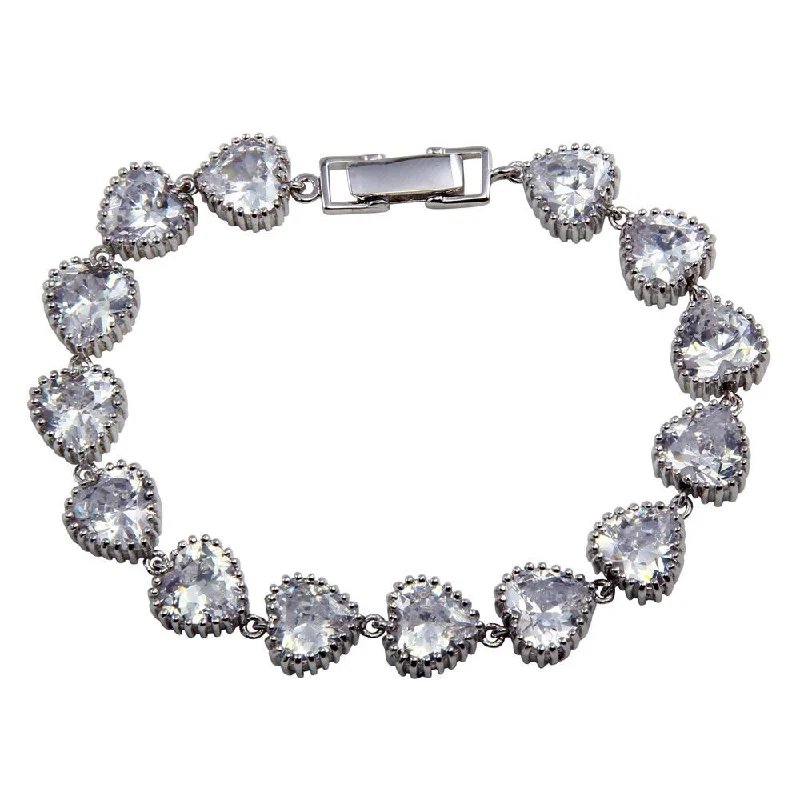 Clearance-Silver 925 Rhodium Plated Heart Clear CZ Bracelet - STB00279