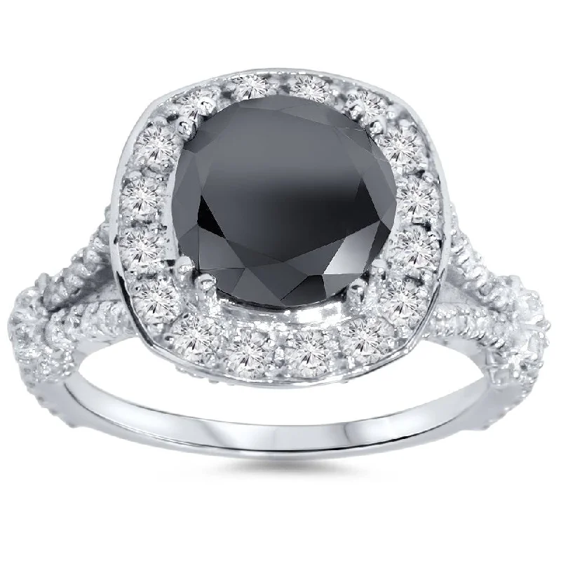 4ct Black Treated Diamond Cushion Vintage Engagement Ring White Gold