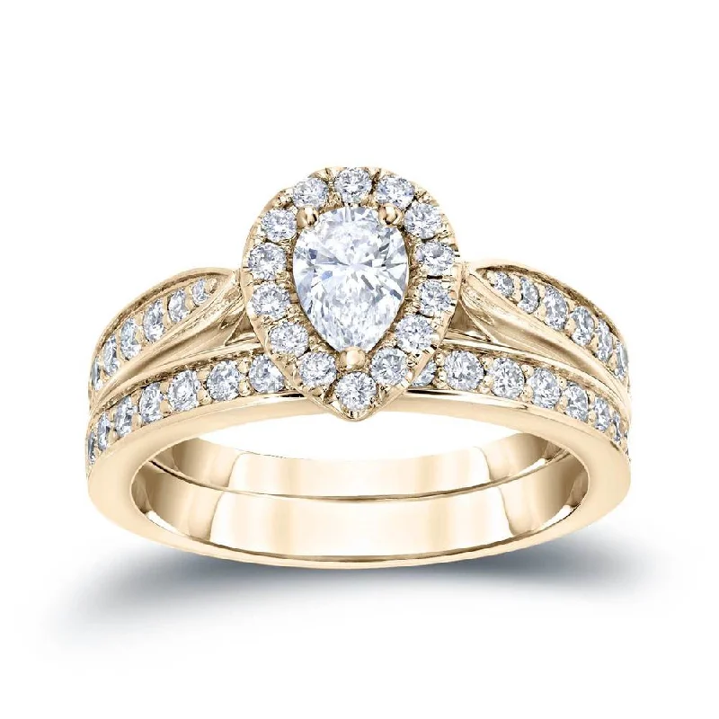 14k Gold 1ct TDW Pear Shaped Diamond Halo Engagement Ring Set by Auriya