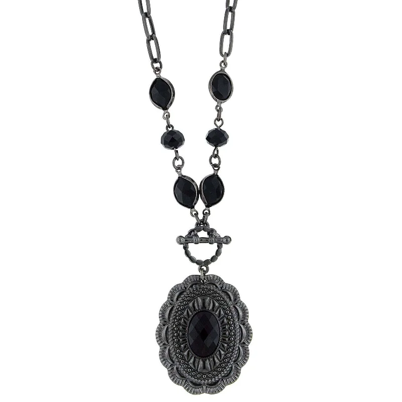 1928 Jewelry Jet Black Stone Pendant & Chain Necklace 18" + 3" Extender