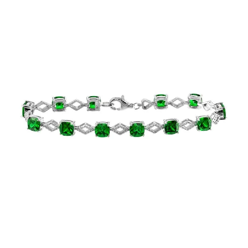 Rhodium Plated 925 Sterling Silver Green CZ Link Bracelet - BGB00331GRN