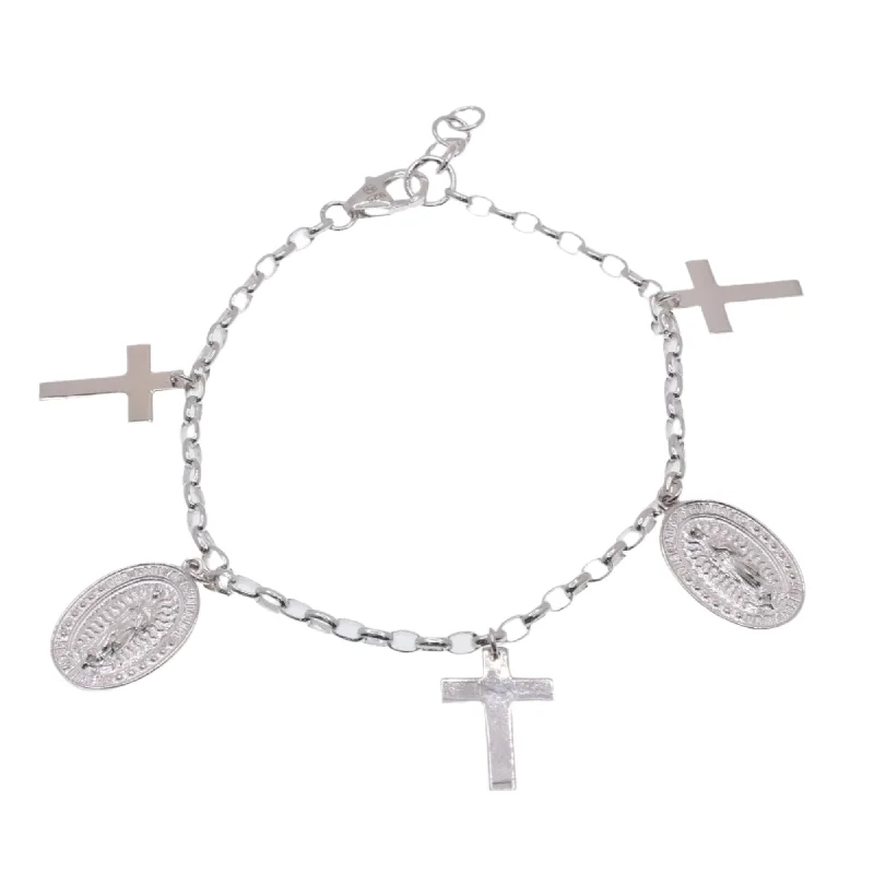 High Polished 925 Sterling Silver Guadalupe and Cross Adjustable Bracelet - DIB00081