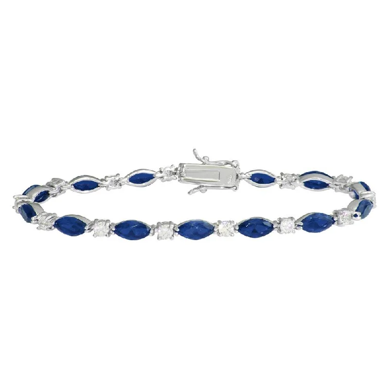 Rhodium Plated 925 Sterling Silver Alternating Blue Oval CZ and Clear Round CZ Tennis Bracelet - BGB00326BLU