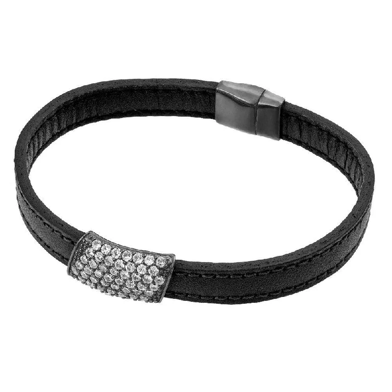 Clearance-Silver 925 Black Rhodium Plated Clear Micro Pave CZ Leather Bracelet - ECB004BLK