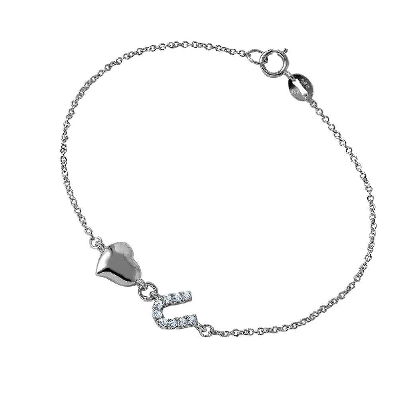 Silver 925 Chain Link Bracelet with Love Shape and CZ U - BGB00260