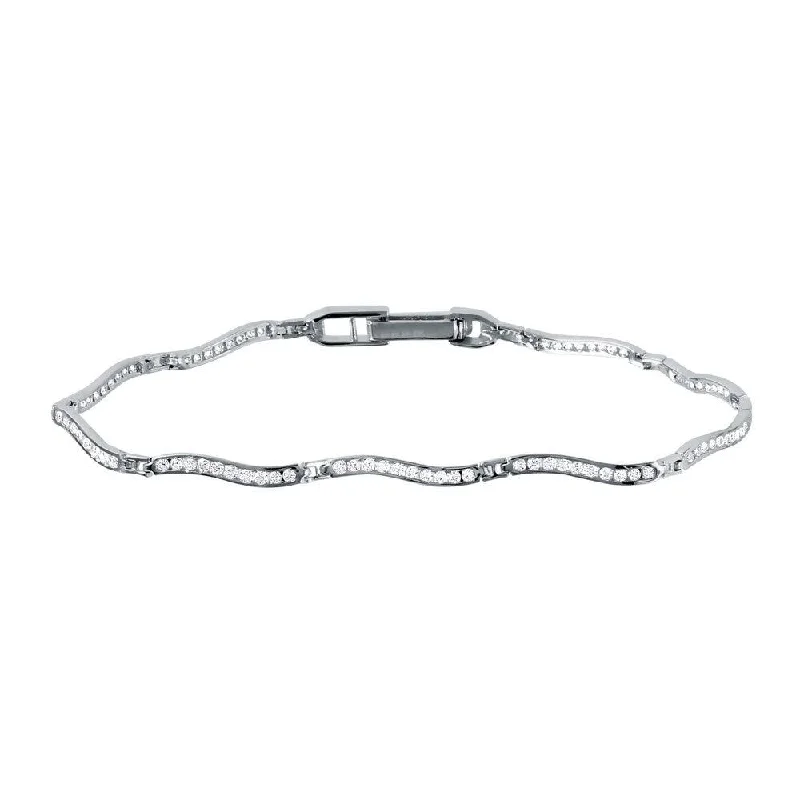 Silver 925 Rhodium Plated Minimal Design Wavy CZ Inlay Bracelet - GMB00023RH