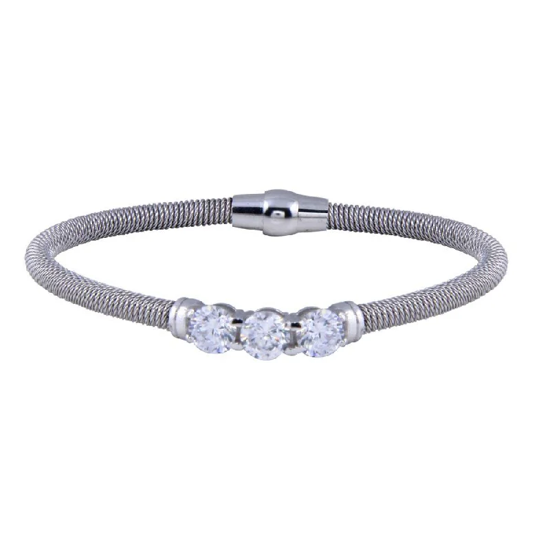 Clearance-Rhodium Plated 925 Sterling Silver Italian 3 CZ Bracelet - ECB00083